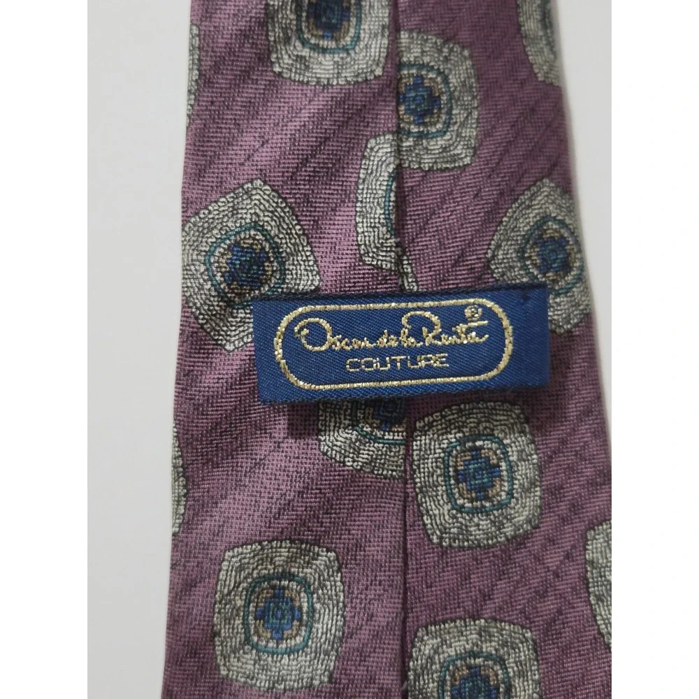 Oscar de‎ la Renta Couture Mens Silk Tie Purple Geometric Medallion Designer